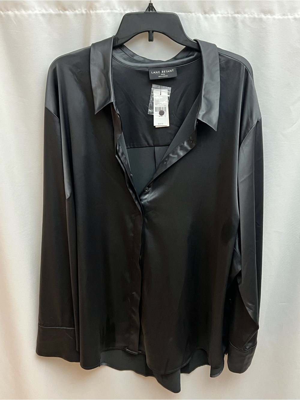 Lane Bryant No Peek Black Satin Button Front Blouse Plus Size 34/36 NWT